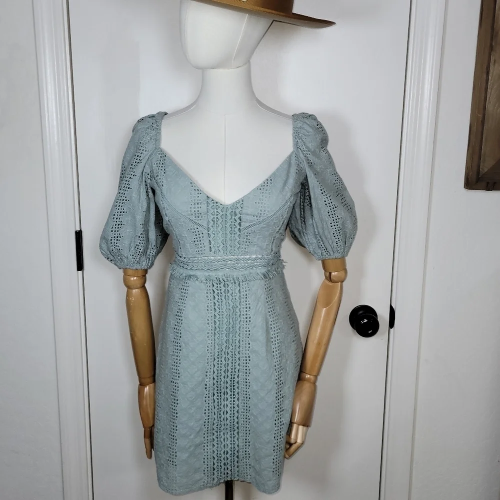 Esther & Co. Saints & Secrets Saige Green Puff Sleeve Eyelet Cotton Dress Size S - Picture 1 of 12